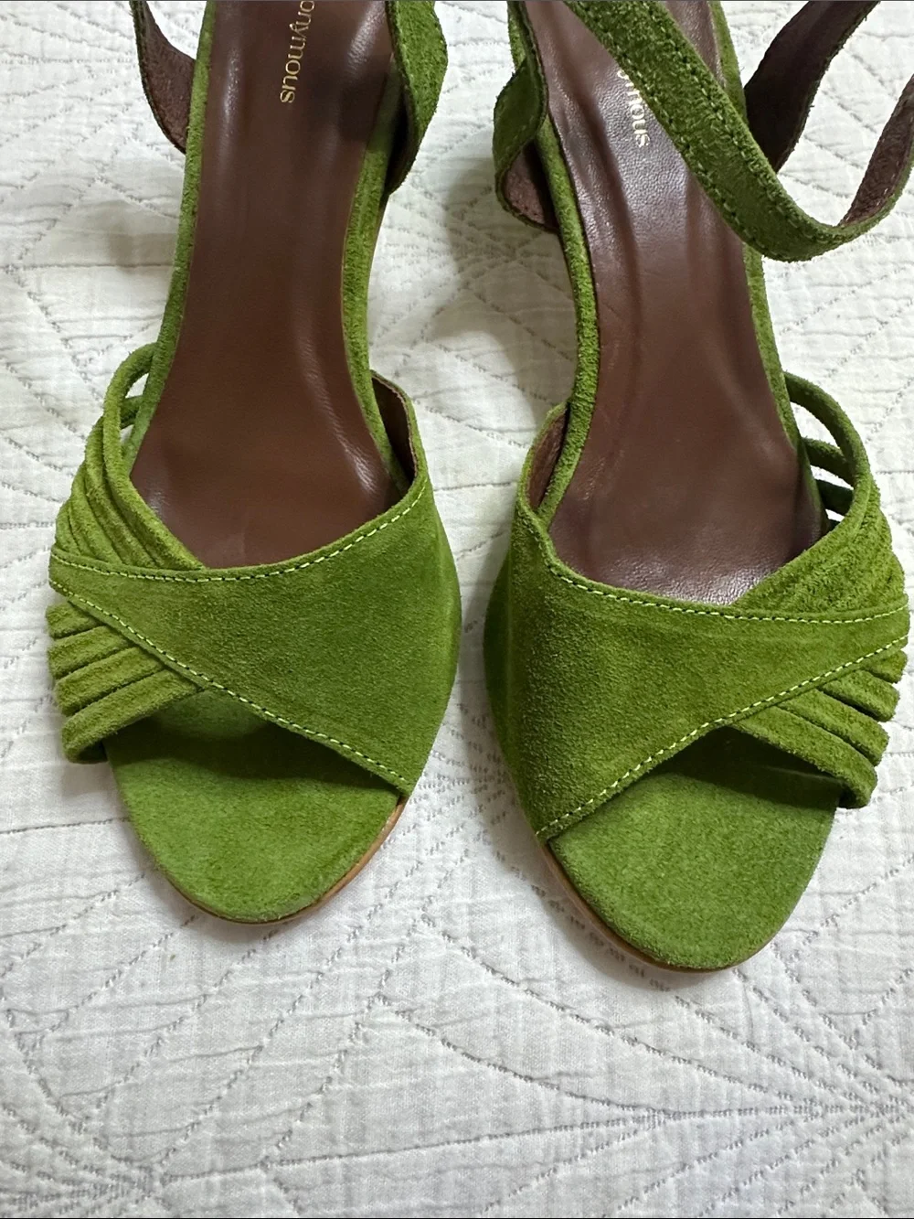 Anonymous Copenhagen Green Suede Strappy Sandals Low Heel US 8.5 EU 38.5 New